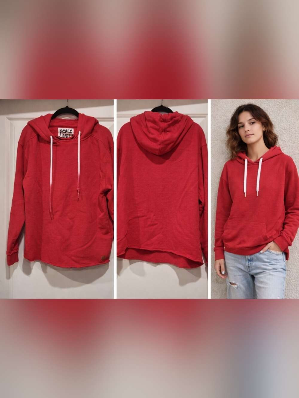 Peace Love World Women's Red Pullover Hoodie!